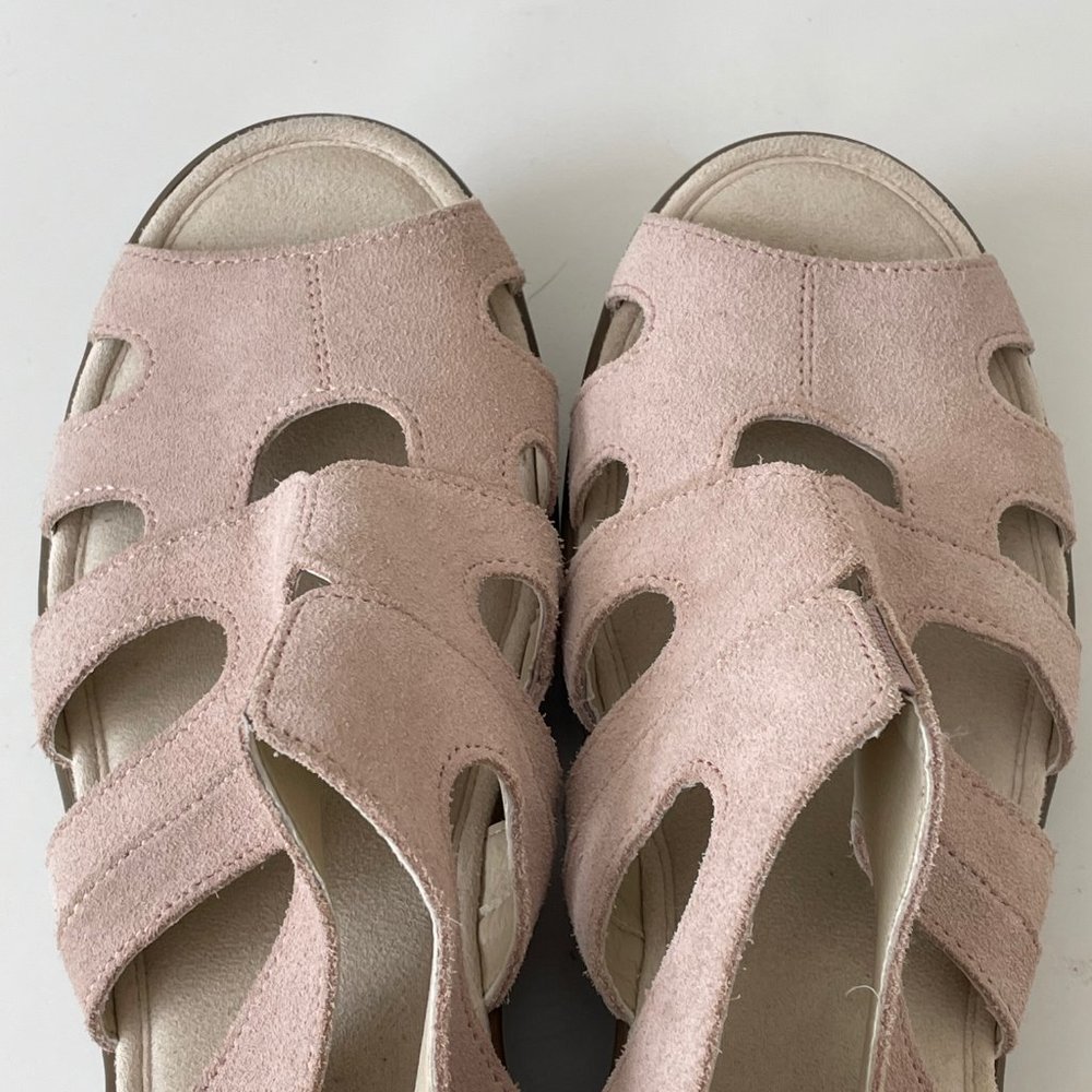 Skechers Suede Peep Toe Blush Pink Sling Back Sandal Wedges Memory Foam - Picture 14 of 14